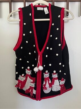 Vintage Kim Rogers Christmas Zipper knit Vest Sweater cats In Scarves & Snow XL